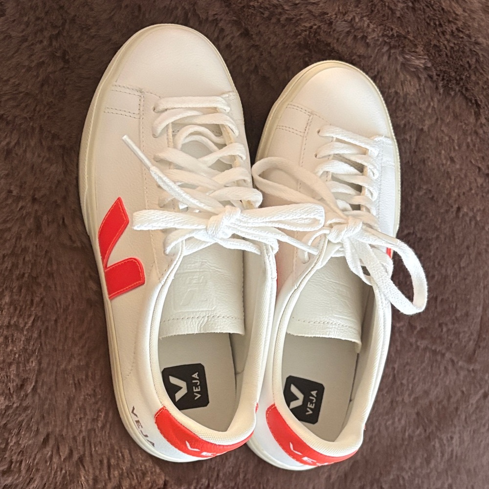 Veja Women's White and Bright Red/ Orange Sneakers - Picture 2 of 4